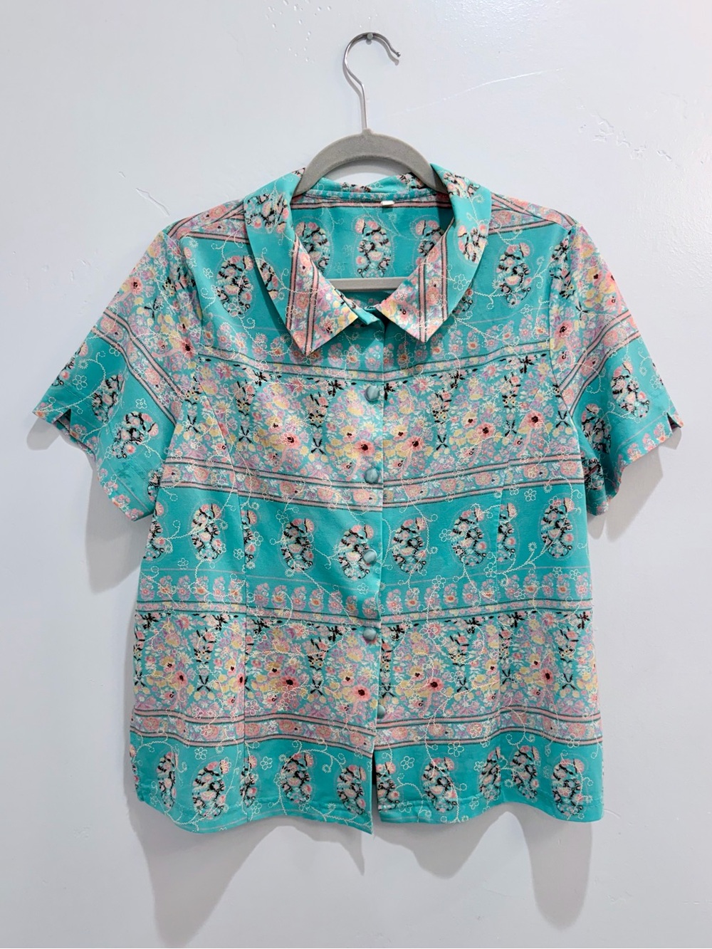 Vintage 80s Teal Floral Paisley Button Up Short Sleeve Blouse Top Korean